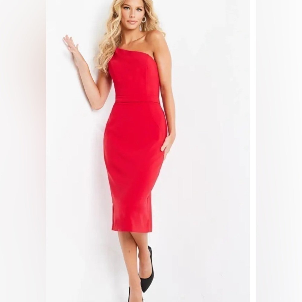 Jovani satin dress 16 One Shoulder midi navy formal autumn wedding cocktail
